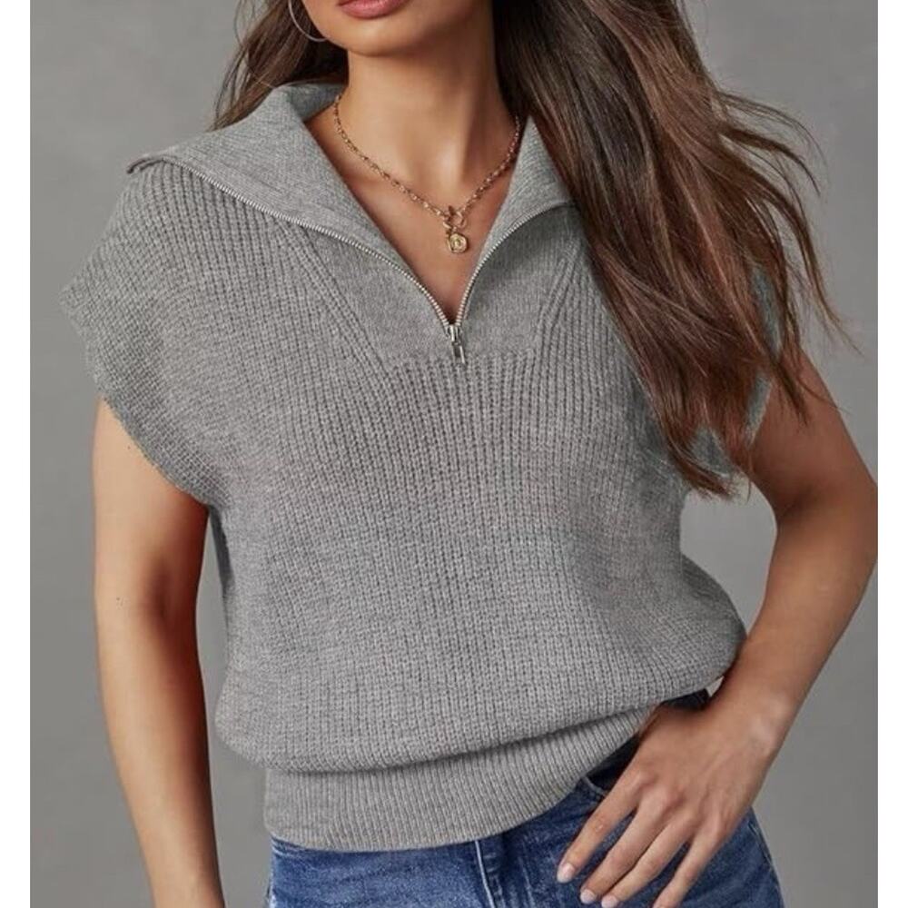 Dokotoo Women's Casual Sleeveless Half Zip Pullover Sweater Light Grey Size XL - Picture 2 of 8
